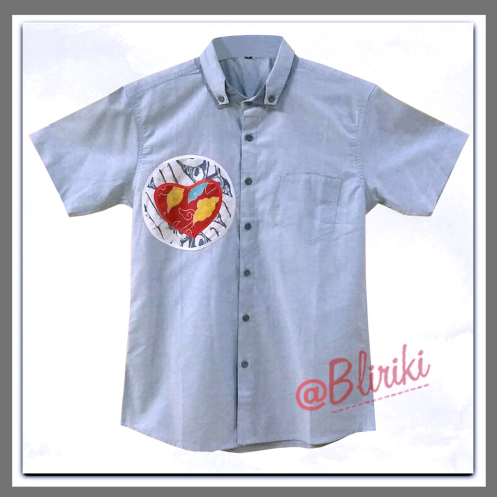 BP10 Kemeja Pria denim biru muda kombinasi batik modern unik lengan pendek