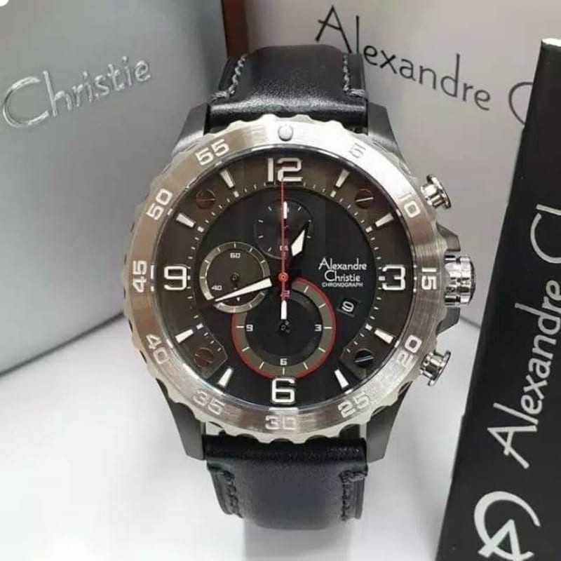 Alexandre Christie AC 6505 MC LTBBA Chronograph Men Black Dial Black Leather ORIGINAL