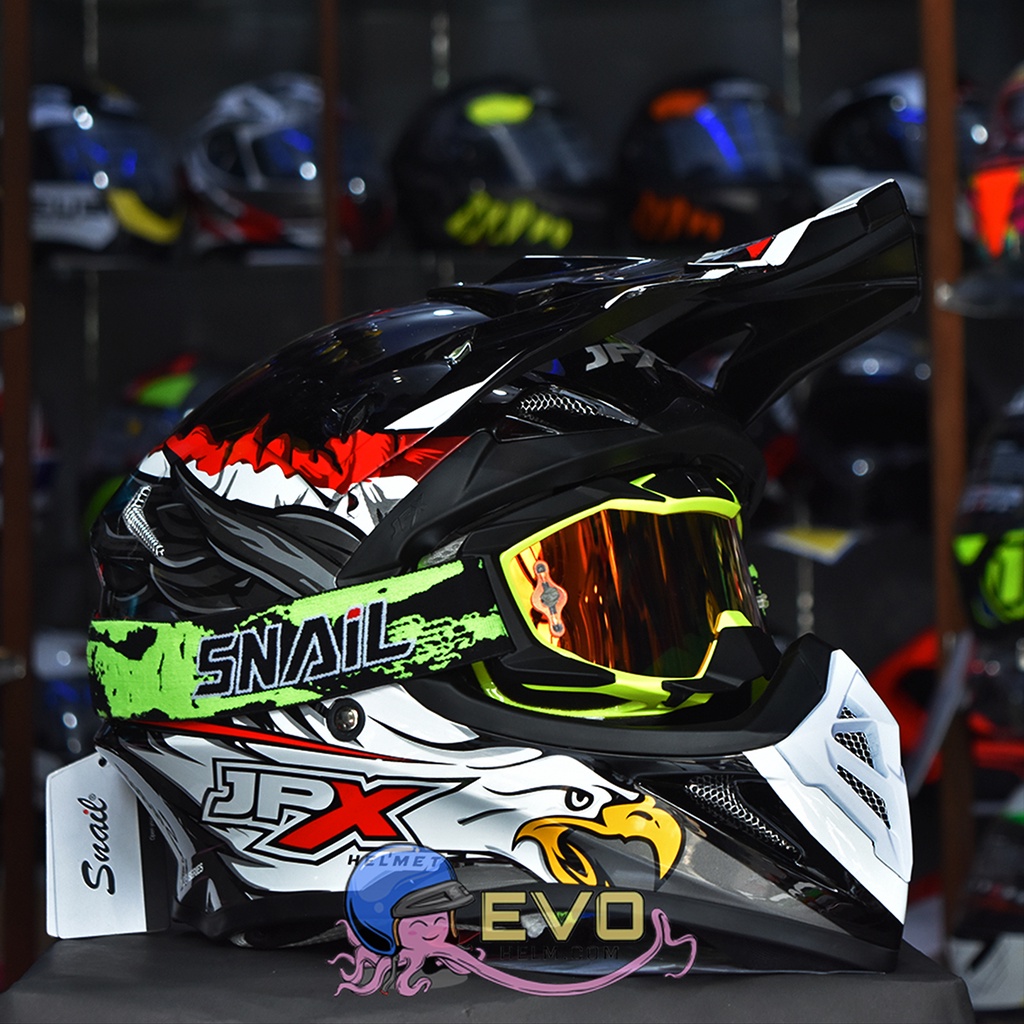 HELM JPX CROSS_FOX1 SERI X39 BLACK GLOSSY SUPERBLACK + GOOGLE SNAIL (ONGKIR 2 KG), PAKET GOOGLE SNAIL ORIGINAL - HELM JPX CROSS PAKET GANTENG JPX FOX1 CROSS HELM JPX TERBARU-MX36 STABILLO/RED