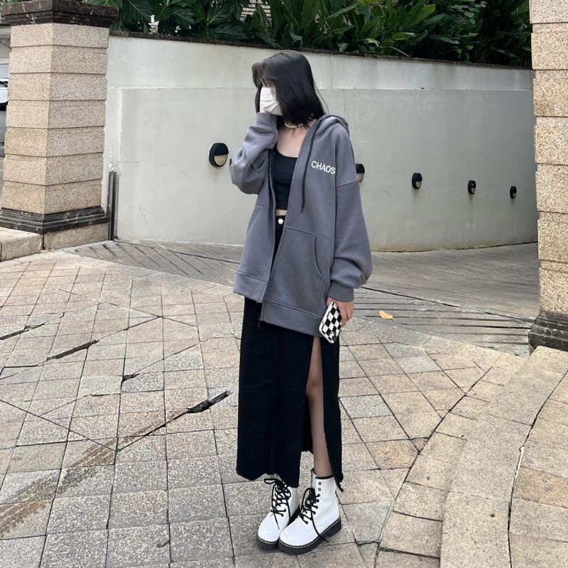 Jacket Zipper Oversize Boy Girl CHAOS (size 6XL 5XL 4XL 3XL 2XL XL L M S Cek Deskripsi) Hoodie CHAOS Jumbo Jaket Resleting Bigsize Harajuku Urban Korean Style Ulzzang Grey Abu abu Gray