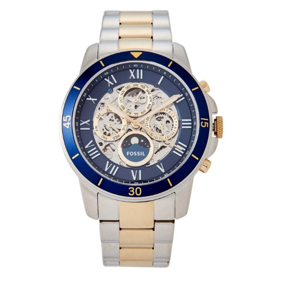 Jam Tangan Pria Fossil ME3141 Grant Sport Automatic Blue Skelaton Dial Two Tone Stainless Steel