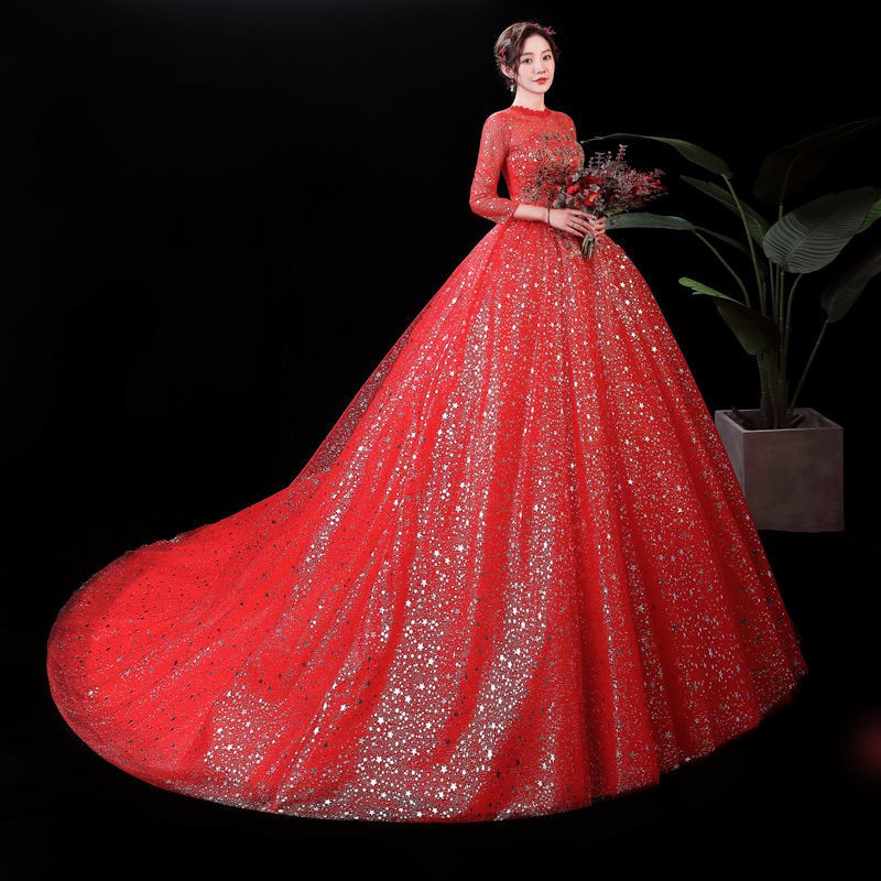 157 Women Fashion Red 3/4 Sleeve Long Tail Lace Wedding Dress