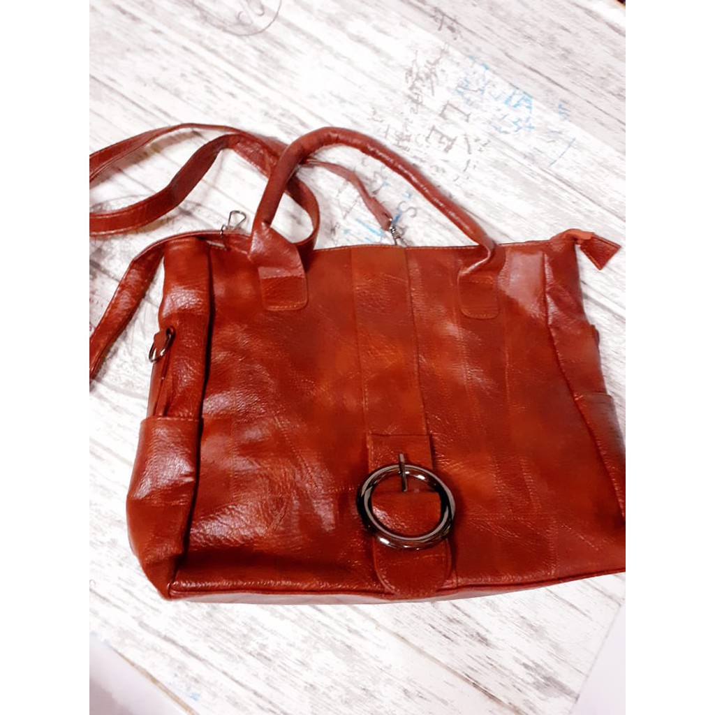Tas Wanita Tote Shoulder Bahan Kulit Jeruk Warna Coklat Maroon