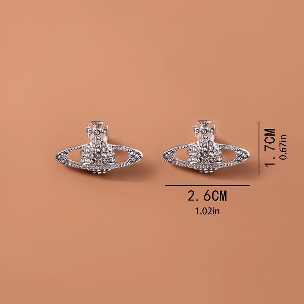 Anting Stud Desain Planet Saturnus Aksen Berlian Bahan Alloy Untuk Wanita