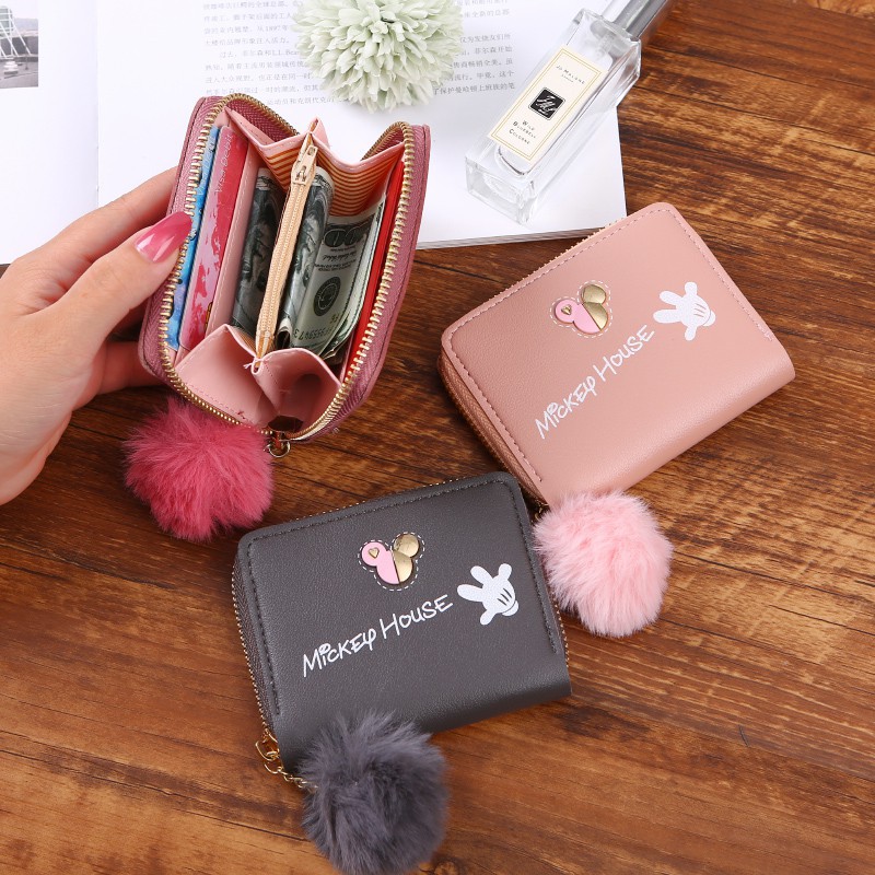 DOMPET KOIN DOMPET LIPAT WANITA DOMPET KARTU POM POM DOMPET MICKEY POM POM