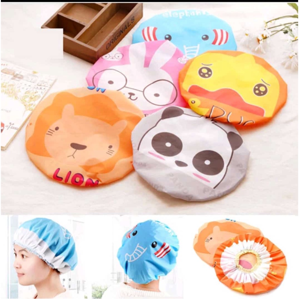 jm TOPI MANDI KARAKTER WATERPROOF / SHOWER CAP KARAKTER KARTUN / TOPI MANDI DEWASA ANAK / PERLENGKAPAN KAMAR MANDI