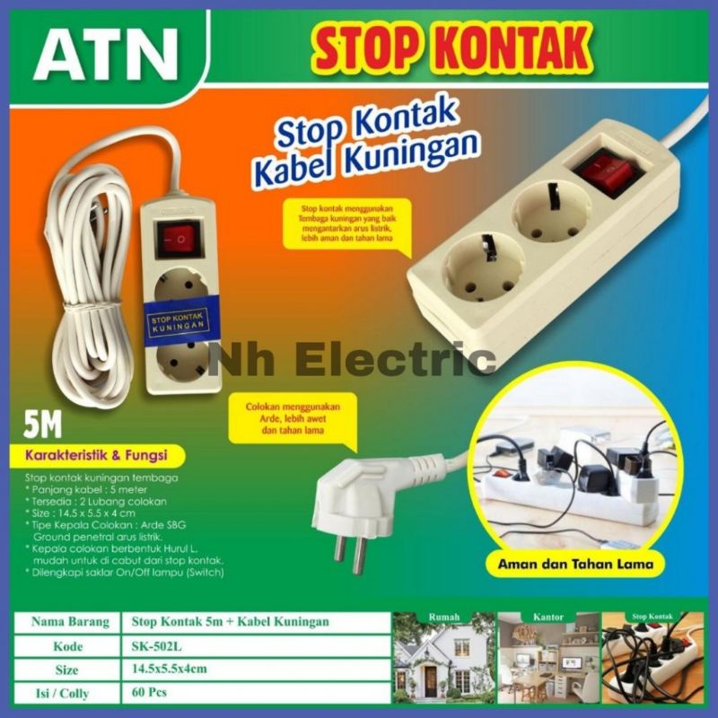 STOP KONTAK + KABEL 2,3,4,5 LUBANG 1.5/3/5 METER ATN SNI