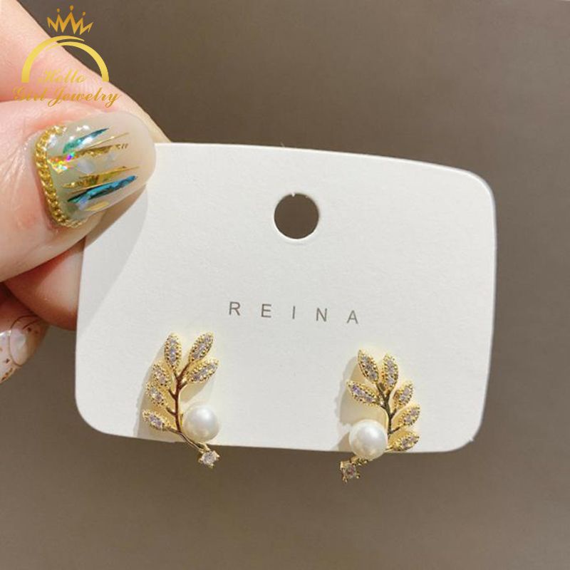 FerenHongXia Anting Tusuk Sterling Silver 925 Desain Daun Hias Zircon + Mutiara Untuk Wanita