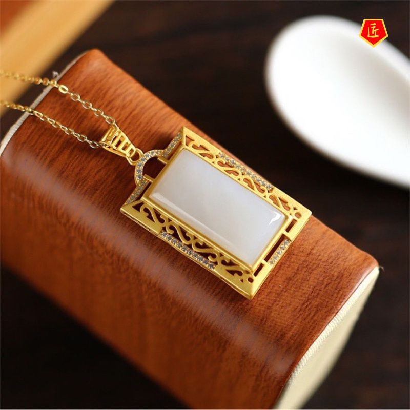 [Ready Stock]Hetian White Jade Necklace 925 Silver Inlaid Pendant Simple and Elegant