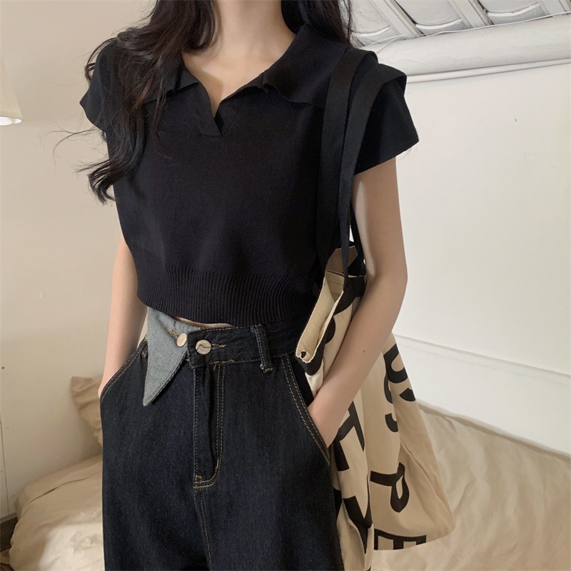 kaos rajut lengan pendek wanita knit polo T-shirt Crop Top V-nack Atasan