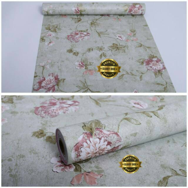 GROSIR MURAH -Wallpaper Sticker Dinding Hijau Mawar Pink Berdaun 10 Meter