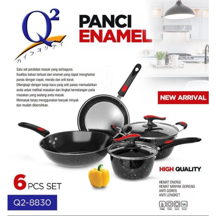 panci set enamel gsf 1831 6pcs 8830 cookware set GSF enamel + tutup kaca anti lengket