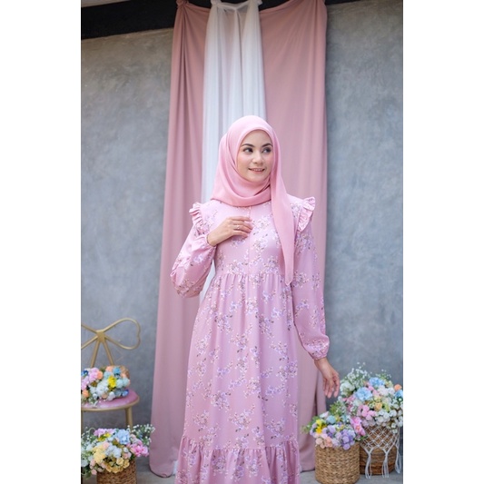 Ounadoutfit SASYA dress wanita muslimah premium motif bunga warna pastel | dress motif premium | baju muslim busui | outfit muslimah