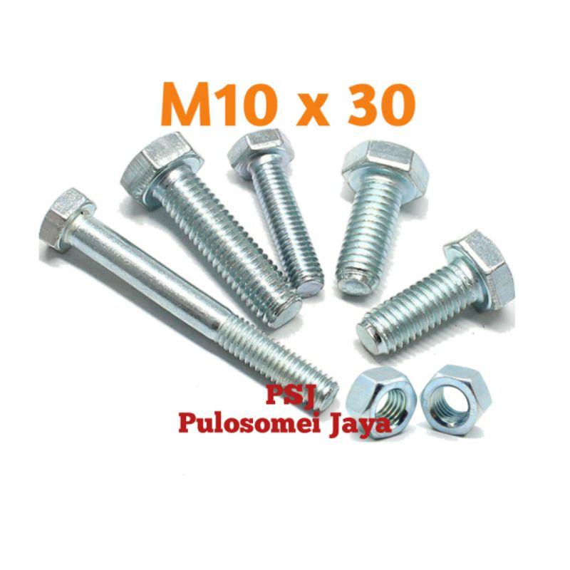 Baut Mur Hex Putih / Galvanis M10 x 30 mm