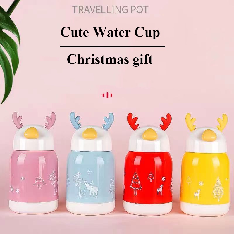 Yamata Botol Minum 380ml Thermos Glass cup Tumbler Hot and Cold Nice Motif Natal Lucu Untuk Anak-anak Perempuan Bahan Premium Bisa digantung Tumbler Creative Glass Cup Leakproof Water Cup gift