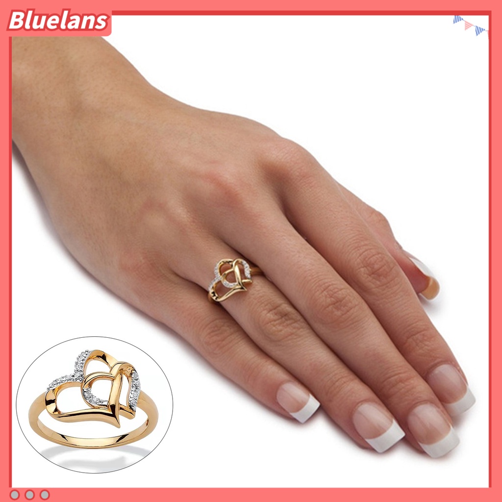 Bluelans Cincin Berlian Imitasi Bentuk Hati Ganda Model Hollow Bahan Alloy Untuk Wanita