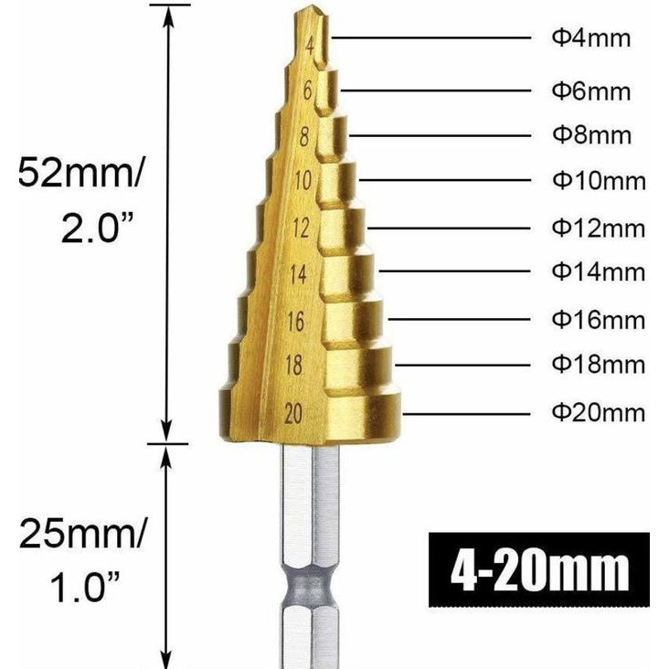 ✅Jual Mata bor besi step drill 4-20mm / Mata bor pagoda titanium coat Benz