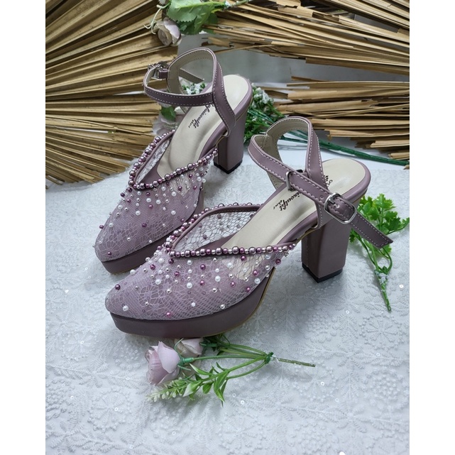 sepatu mauve model alummi payet tali tinggi  9cm