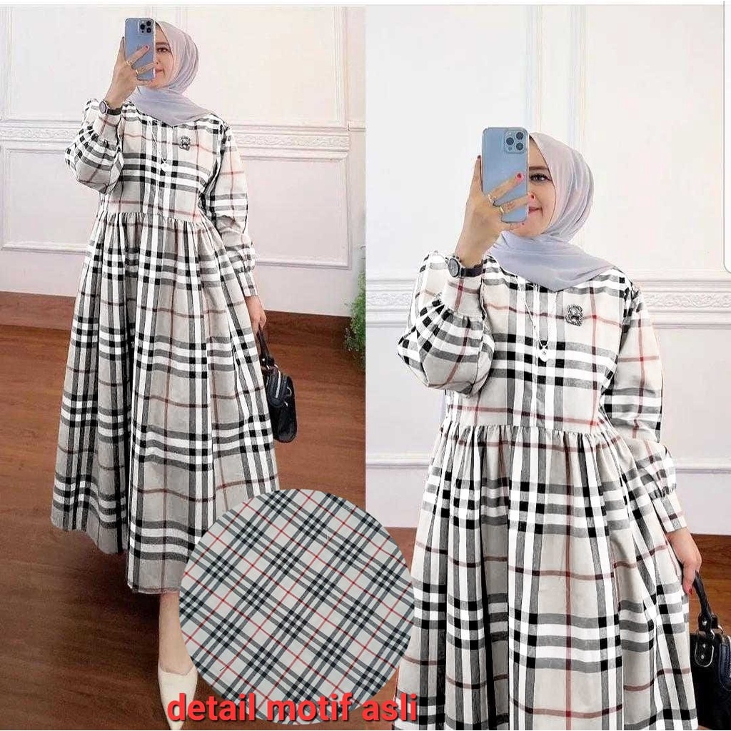 O2 Fashion / Tyara midi dress kotak / gamis motif kotak gamis model terbaru