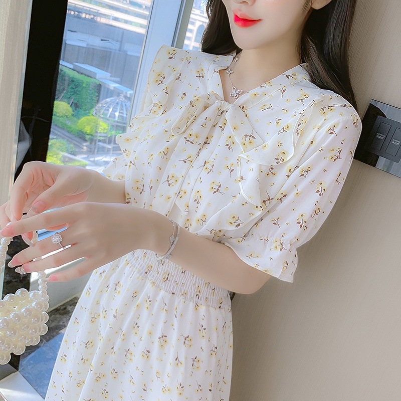 2022 New Fashion Korean Style Chiffon White Floral Print Casual Party Midi Dress Summer Short Sleeve Women Dresses Wanita Putih 2023t