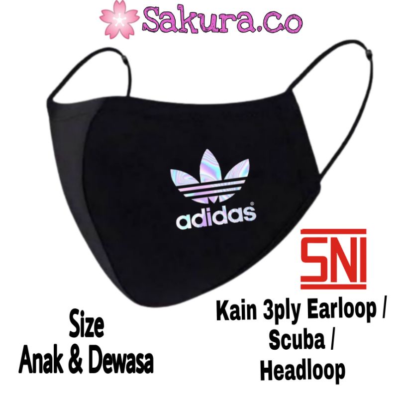 Mask ADIDAS - Masker kain 3 lapis / Hitam 3PLY / Earloop 3 ply / Scuba Anak Dewasa Pria Wanita / Headloop