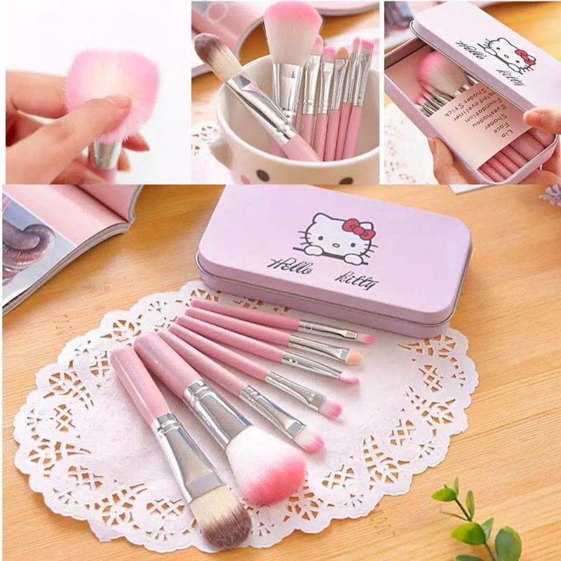 KUAS MAKE UP BRUSH KIT SET HELLO KITY PACKING KALENG 7PCS