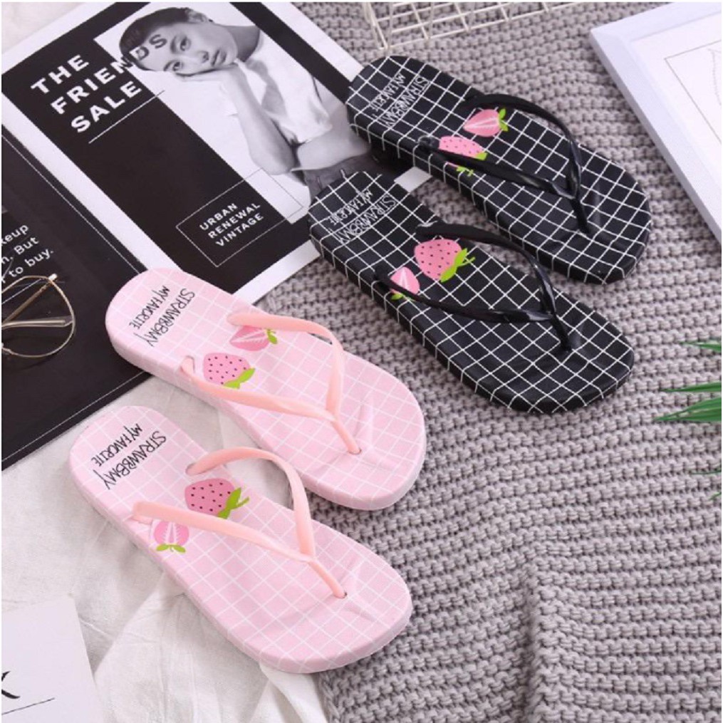 Sandal Jepit Sendal Spon Motif Lucu Kucing Pelangi Strawberry Anti Slip Murah