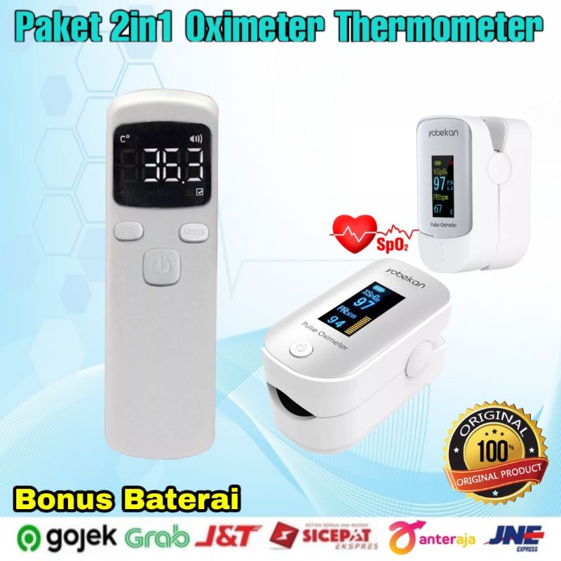 Paket 2in1 Thermometer Gun Fingertip Oximeter Pulse Sp02