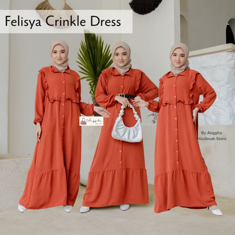 BIG SALE | Felisya Dress Gamis Crinkle Airflow Premium Polos wanita Muslimah Syar’I Jumbo ld 100 ld 