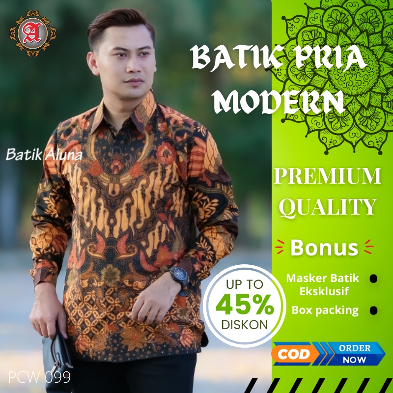 Kemeja Batik Pria Lengan Panjang Lapis Furing Slim fit Modern Aluna Sragen Original Baju Kerja Cowok