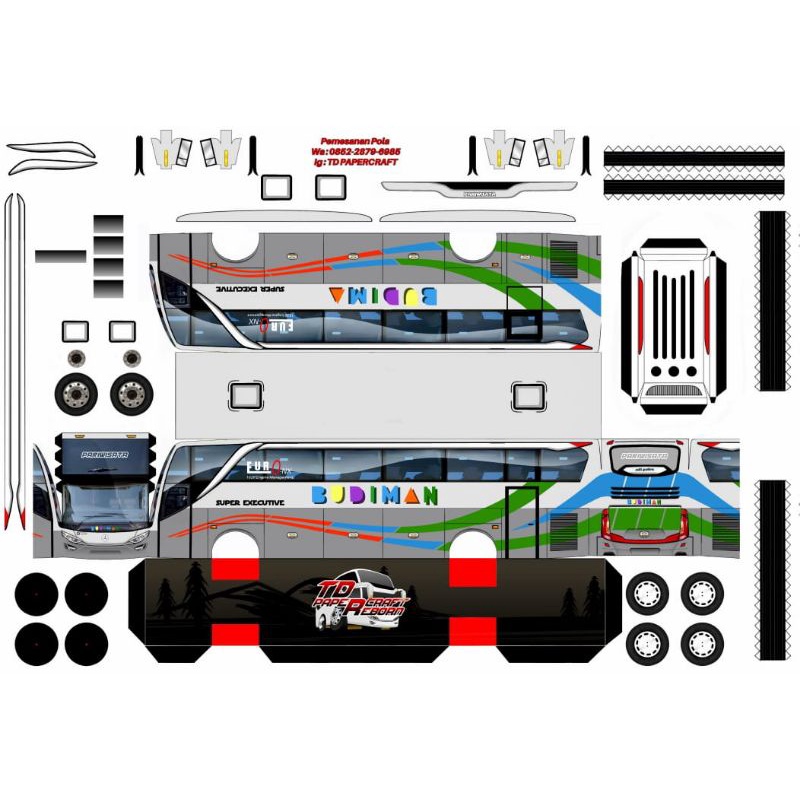 Lembaran Pola PaperCraft Bus PO Budiman JB2+SHD Skala 1:50