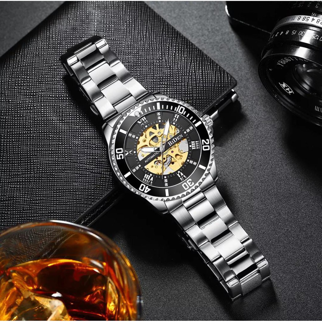 BIDEN 0204 AUTOMATIC - JAM TANGAN PRIA OTOMATIS TANPA BATERAI STRAP STAINLESS