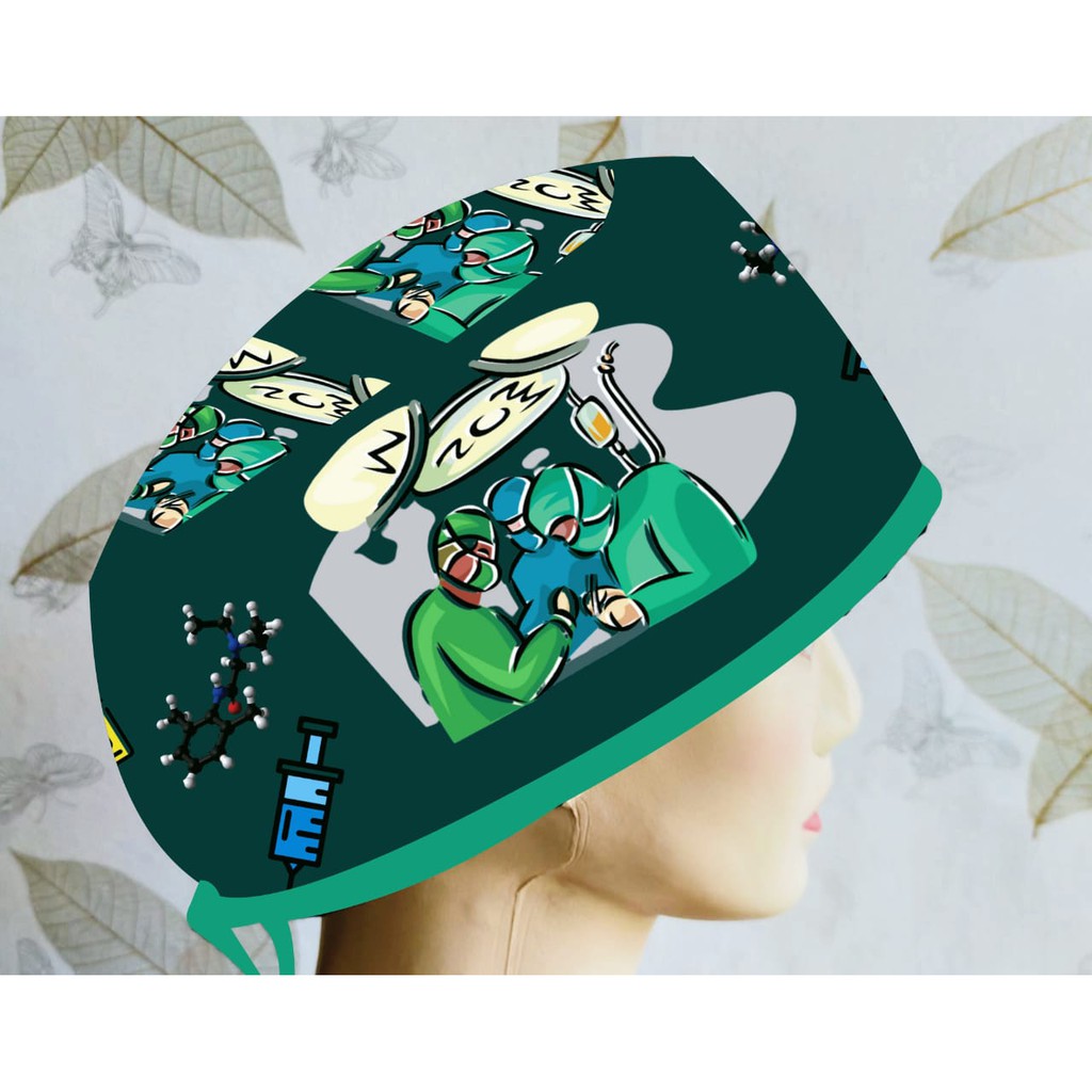 Head Cap /Topi Medis / Scrub Hat / Surgical Cap / Topi Dokter Printing Motif Anesthesi Custom