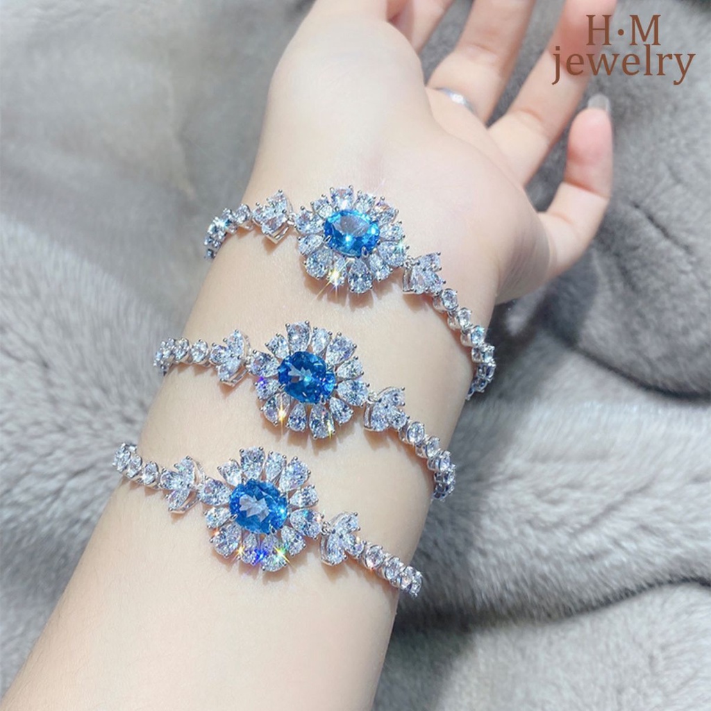 Gelang Tangan Retro Aksen Batu Topaz Biru Langit Untuk Wanita