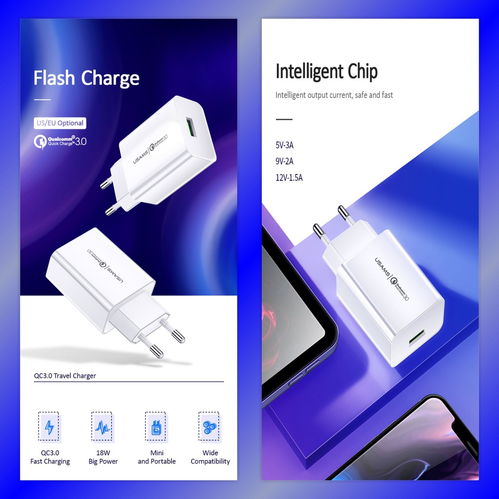 USAMS T22 Adaptor Kepala Charger Fast Charge 18W QC3.0