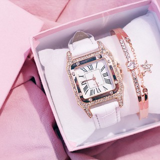 ✅COD [BBS] jam tangan Wanita Analog Quartz Accent Rhinestone PU Leather Strap Bracelet watch set