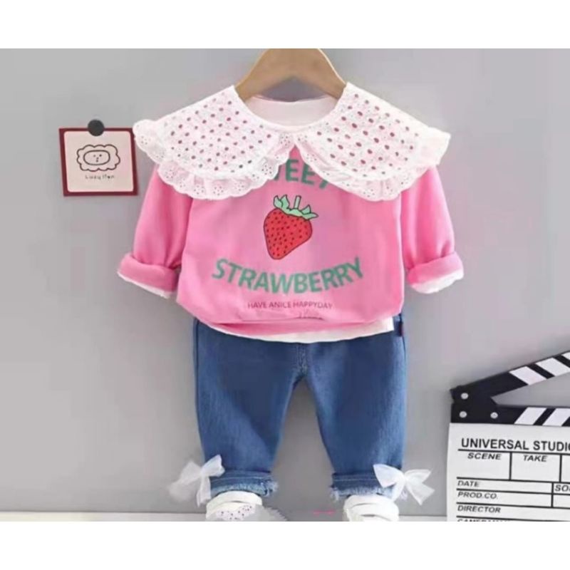 Setelan Baju Renda Celana Jeans Panjang Pita Impor Anak Perempuan Usia 1-4 Tahun