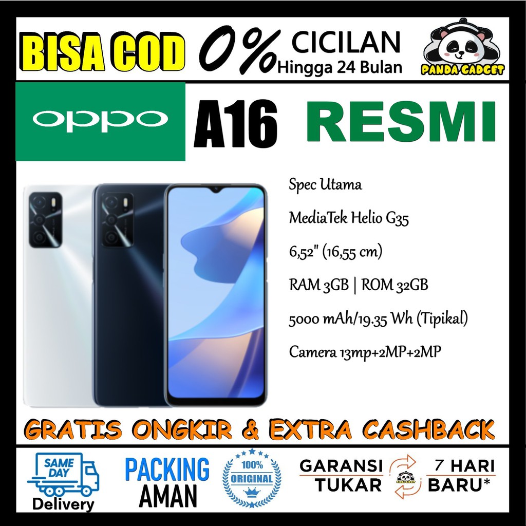 OPPO A16 Resmi 3 / 32 GB | 3/32GB  4 / 64 GB | 4/64GB Black White Garansi Official Oppo Indonesia | Smartphone Handphone-0
