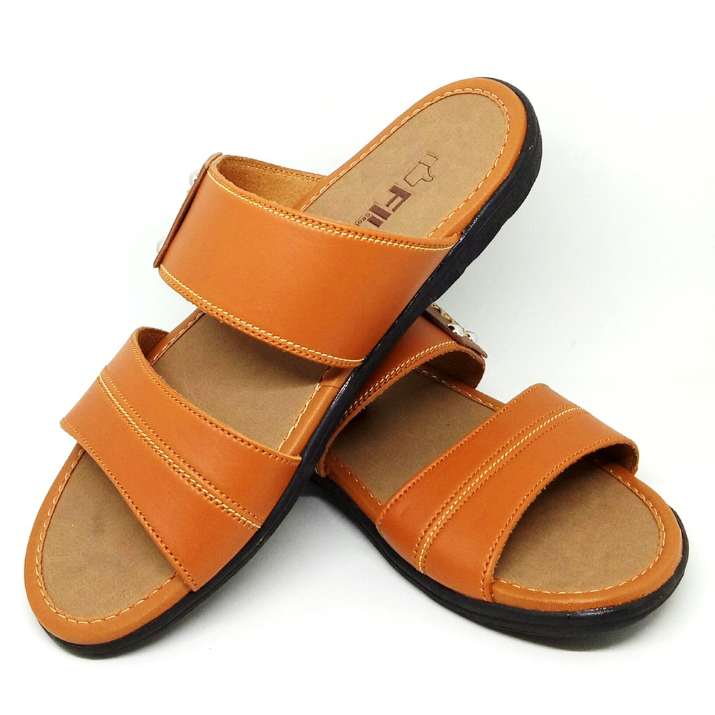 FIURI - Sandal Double Slip On Tan - Sandal Murah Pria - Sandal Casual - Sandal Pria Kulit