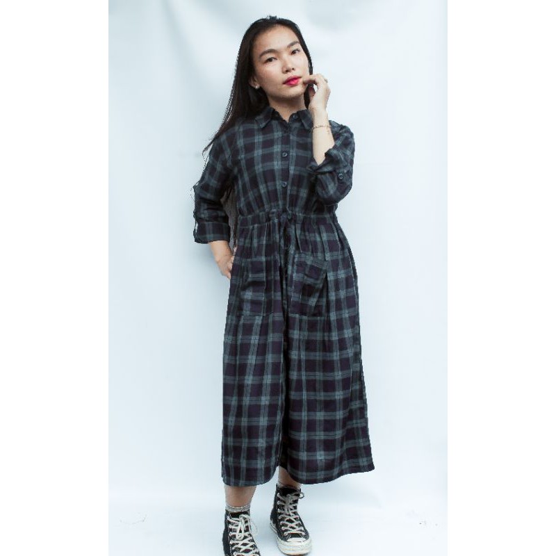 tunik dress flanel navy hijau