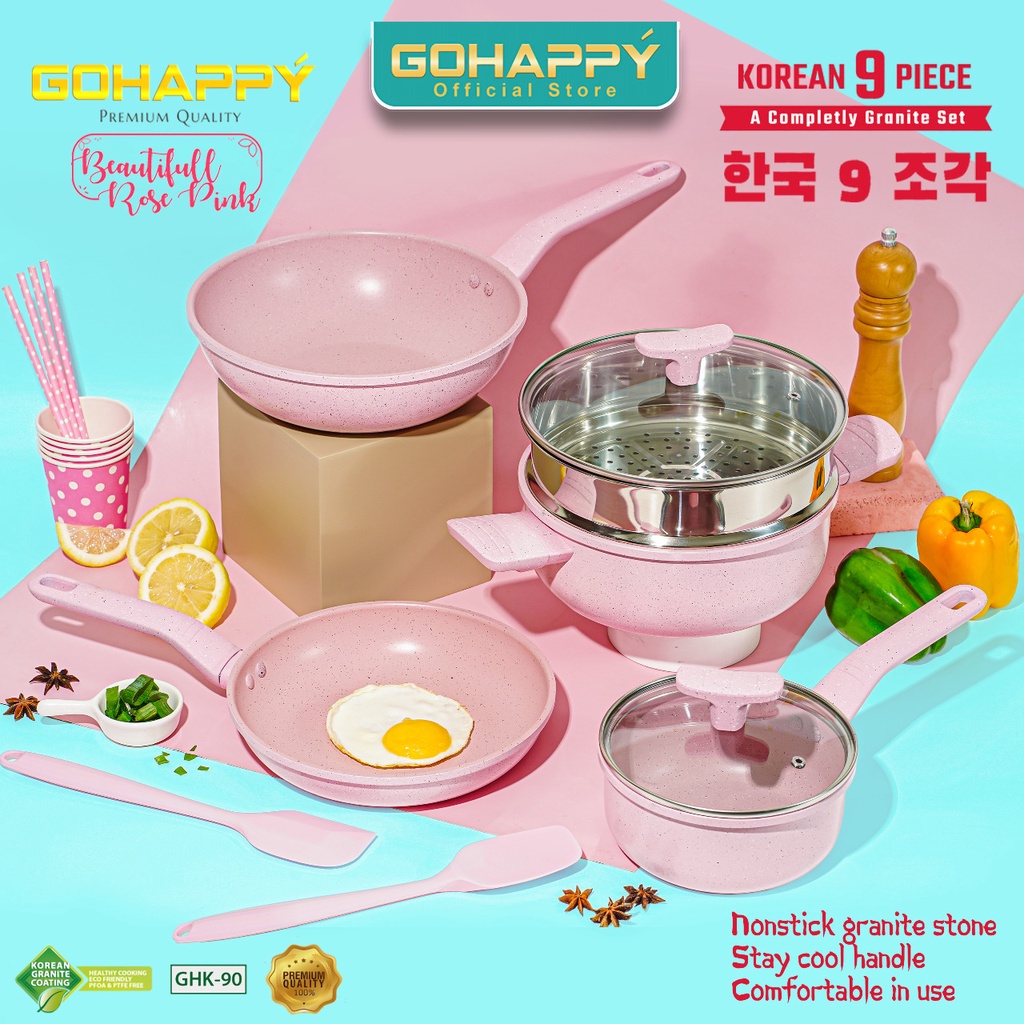 PANCI SET PASTEL GOHAPPY KOREAN SET 9PC GHK90 - Perlengkapan masak Anti lengket caserole  - Wok dapur fry pan