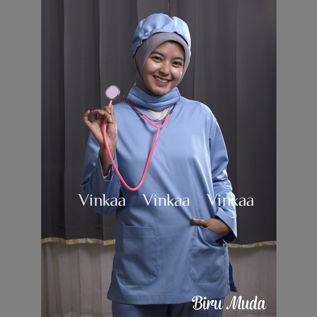 BAJU OK / SCRUB OKA JUMBO 4L & 5L (American drill) ( V-NECK dan Kancing Depan)