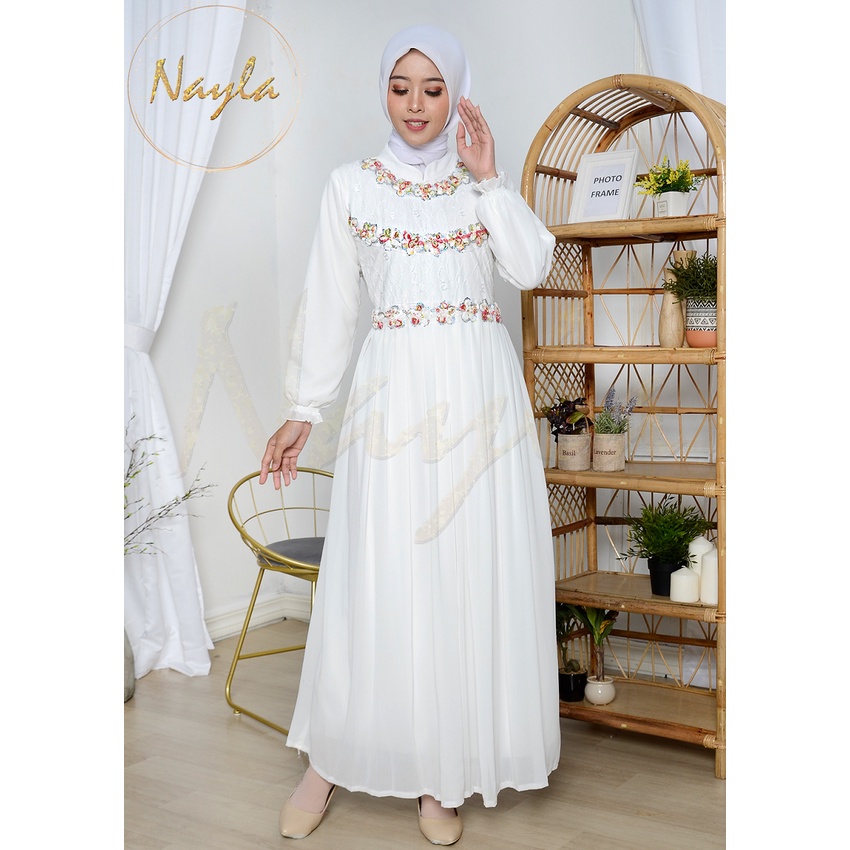 NAYLA Baju Gamis Putih Wanita Gamis Plisket Gamis Pesta Busana Muslim Brukat Lebaran Umroh Terbaru 1524