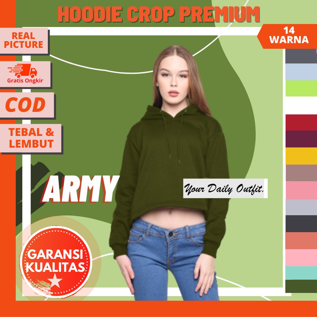 HOODIE CROP WANITA HIJAU ARMY ALL SIZE / CROP HOODIE JUMPER / JAKET CROP WANITA / JUMPER CROP
