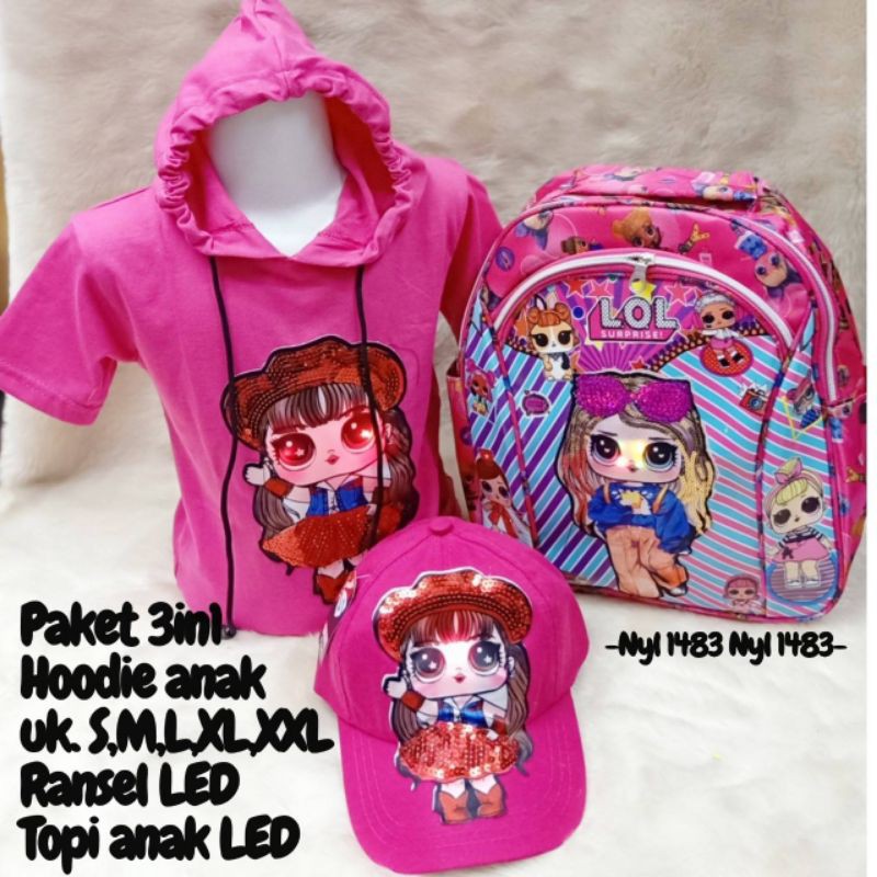 PAKET MURAH 3IN1 KAOS HOODIE ANAK LED LOL + TAS RANSEL LED + TOPI LED LOL SIZE 2-10TAHUN