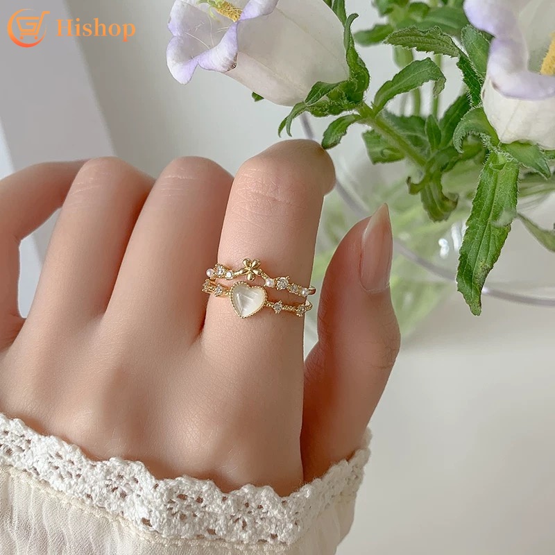 Cincin Emas Bentuk Hati Ganda Aksen Kristal Opal Untuk Wanita