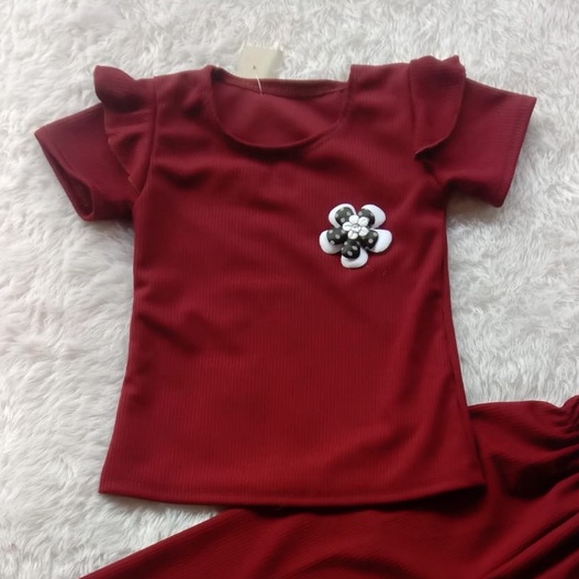 Setelan Anak Perempuan Knit Mango Waffle Ruffle Lengan pendek Setelan Kulot anak cewek knit 1-5 th babyrib-MAROON