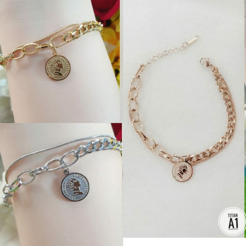 TERBARU Gelang Wanita Double Layer Hollow Coin Fashion Dengan Rantai Tambahan N23092105