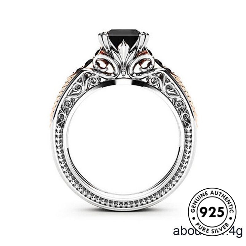 Cincin S925 Silver Princess Power Black Bentuk Persegi Aksen Berlian