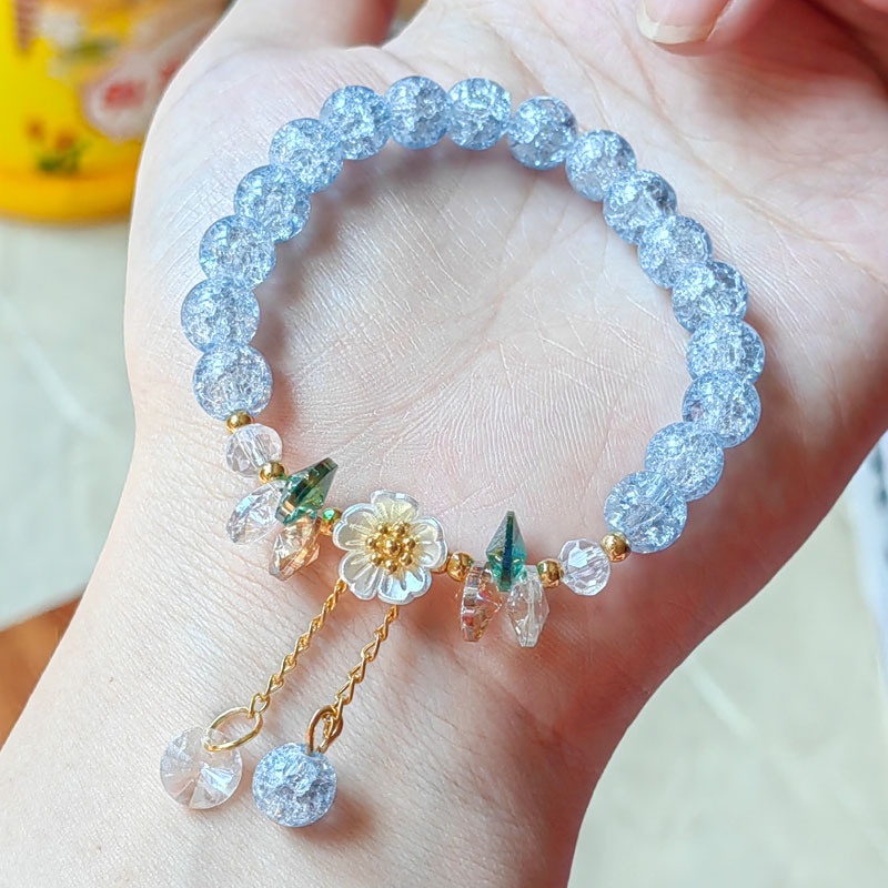 Gelang Manik-Manik Kristal Desain Bunga Gaya Korea Untuk Wanita